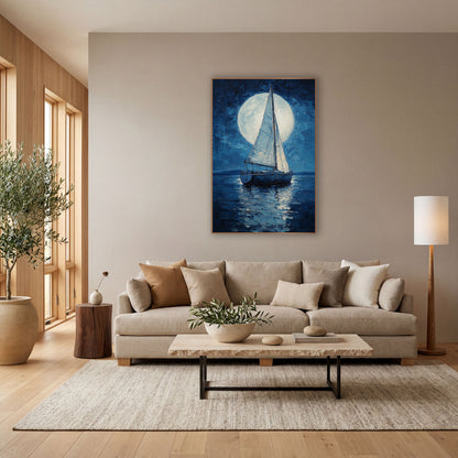 Sailboat Giant Moon Modern wall art in a bright coastal-style room – sailboat on dark navy water in front of a large