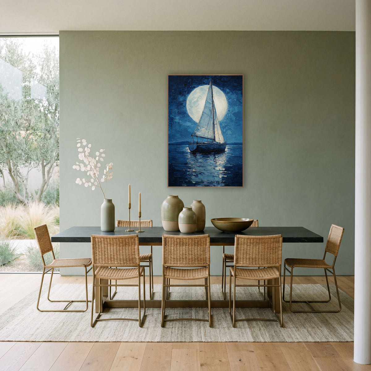 Sailboat Giant Moon Modern wall art in a bright coastal-style room – sailboat on dark navy water in front of a large
