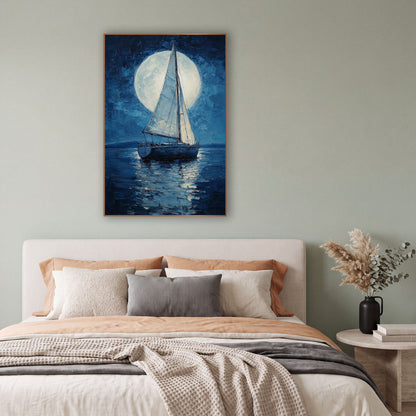 Sailboat Giant Moon Modern wall art in a bright coastal-style room – sailboat on dark navy water in front of a large