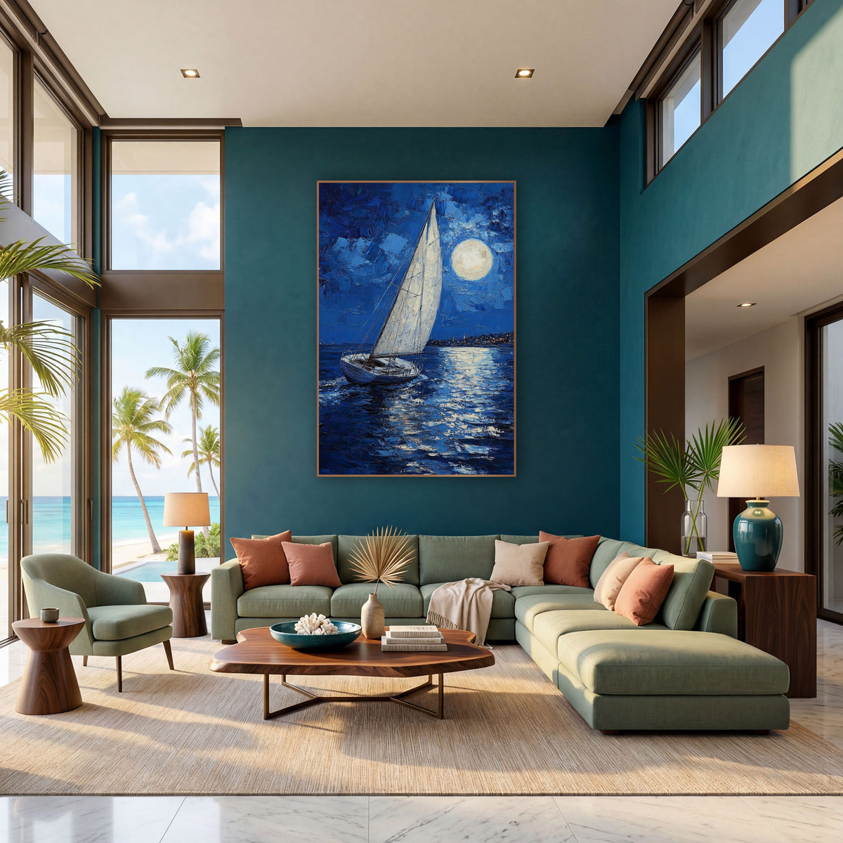 Moonlit Sailboat Cobalt Coastal Seascape wall art in a bright coastal-style room – white sailboat on dark blue water