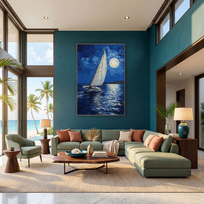 Moonlit Sailboat Cobalt Coastal Seascape wall art in a bright coastal-style room – white sailboat on dark blue water