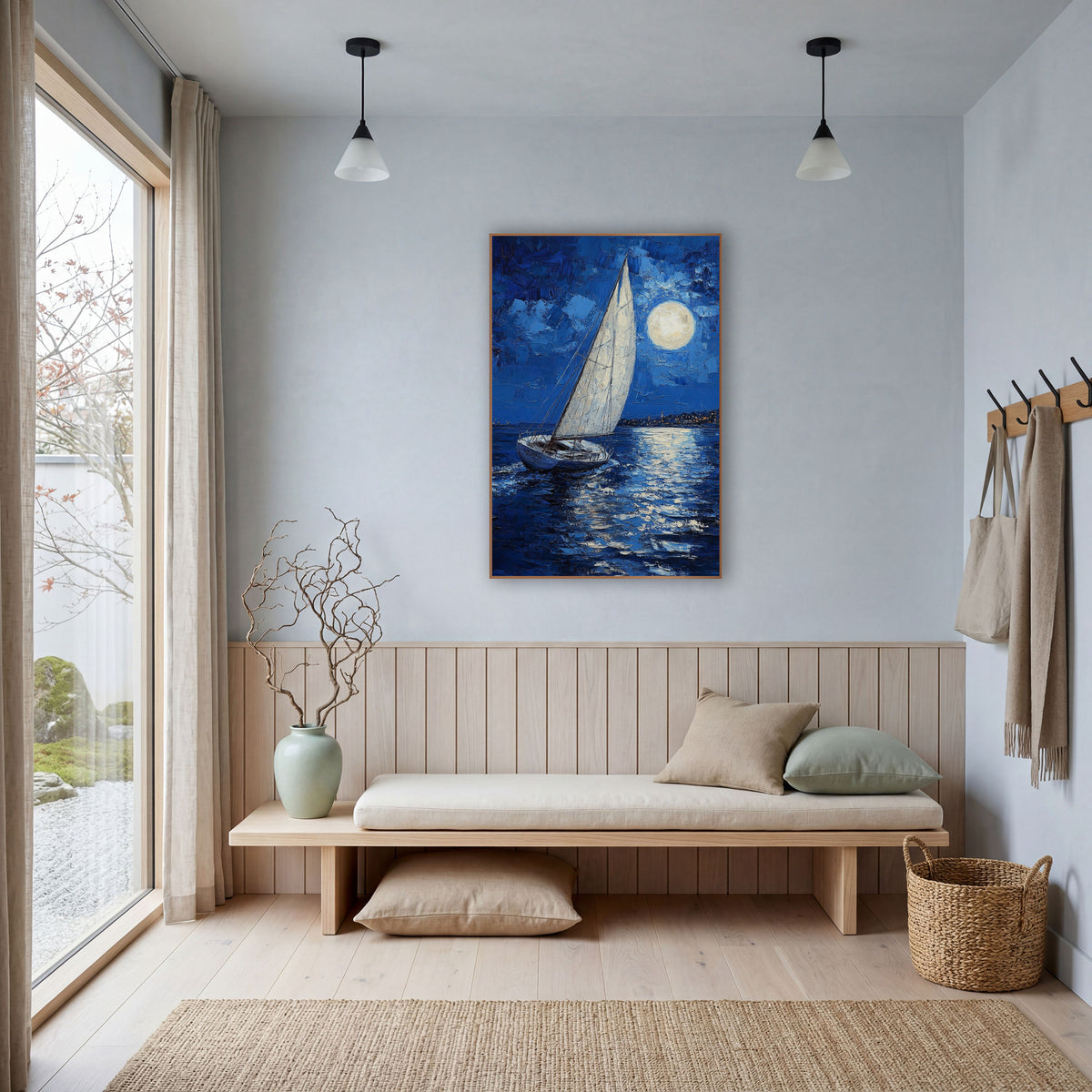 Moonlit Sailboat Cobalt Coastal Seascape wall art in a bright coastal-style room – white sailboat on dark blue water