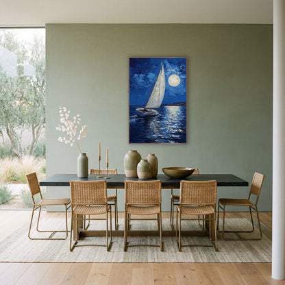 Moonlit Sailboat Cobalt Coastal Seascape wall art in a bright coastal-style room – white sailboat on dark blue water