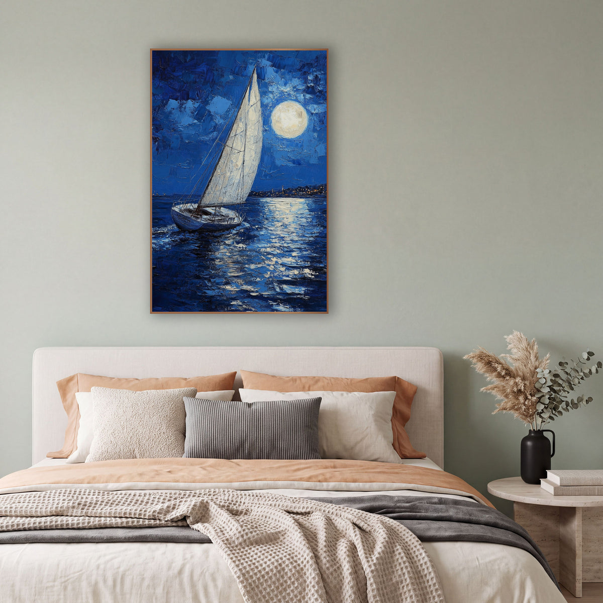 Moonlit Sailboat Cobalt Coastal Seascape wall art in a bright coastal-style room – white sailboat on dark blue water