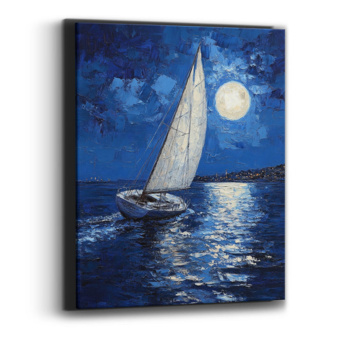 Moonlit Sailboat Cobalt Coastal Seascape Canvas Wall Art