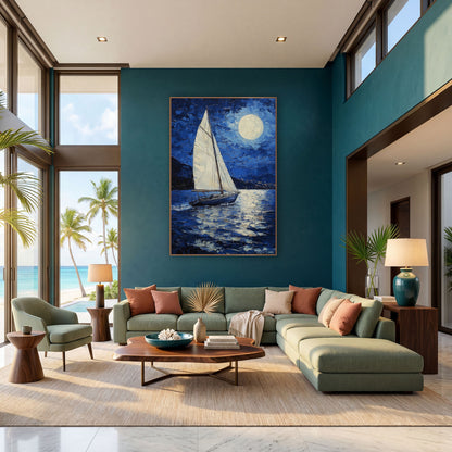 Moonlit Sailboat Deep Blue Coastal wall art in a bright coastal-style room – white sailboat on dark blue water