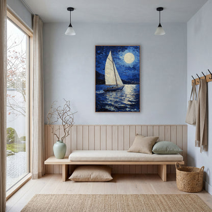 Moonlit Sailboat Deep Blue Coastal wall art in a bright coastal-style room – white sailboat on dark blue water