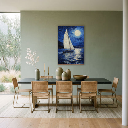 Moonlit Sailboat Deep Blue Coastal wall art in a bright coastal-style room – white sailboat on dark blue water