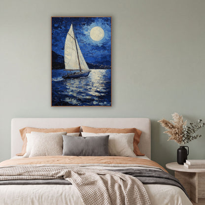 Moonlit Sailboat Deep Blue Coastal wall art in a bright coastal-style room – white sailboat on dark blue water