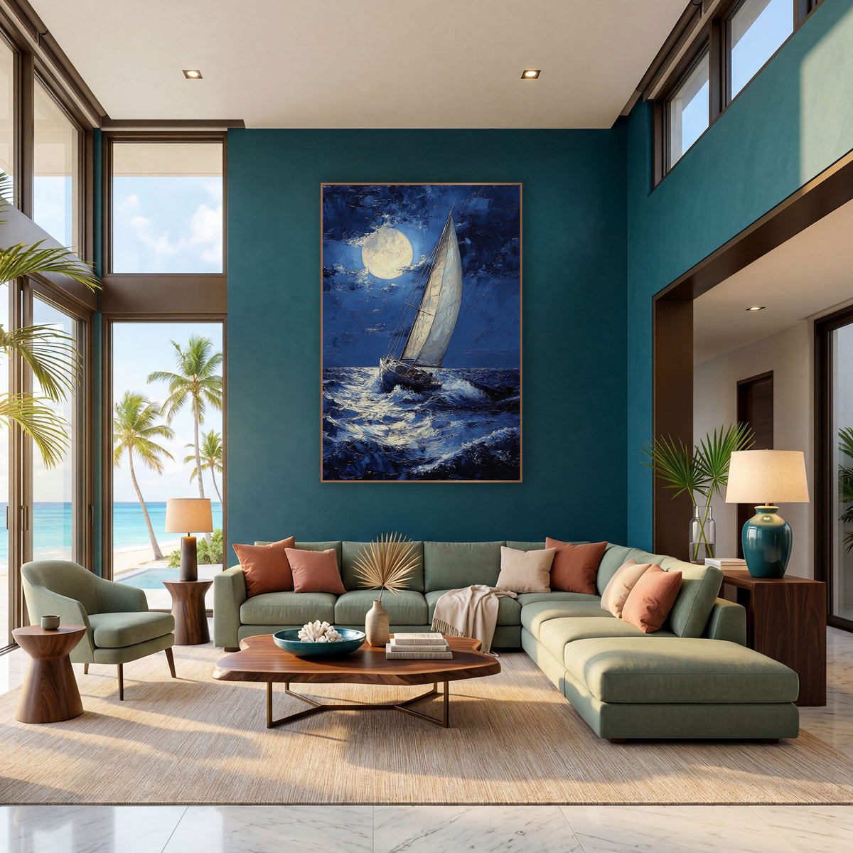 Heeling Yacht Stormy Moody wall art in a bright coastal-style room – sailboat with white sails crossing dark navy