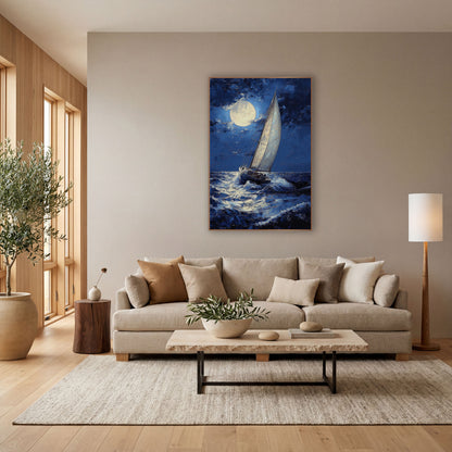 Heeling Yacht Stormy Moody wall art in a bright coastal-style room – sailboat with white sails crossing dark navy