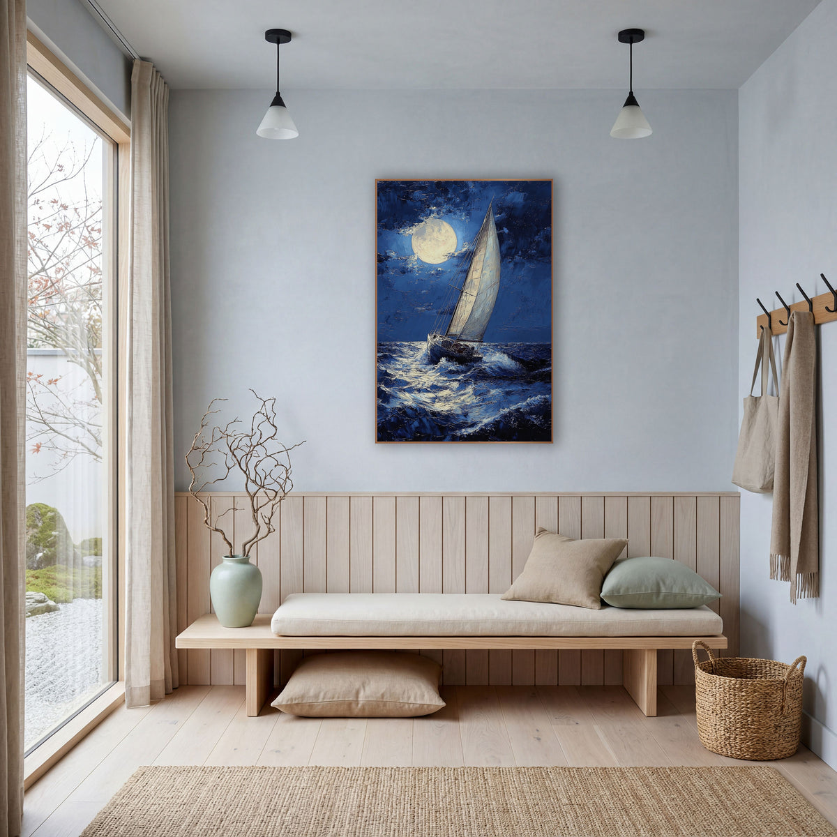 Heeling Yacht Stormy Moody wall art in a bright coastal-style room – sailboat with white sails crossing dark navy