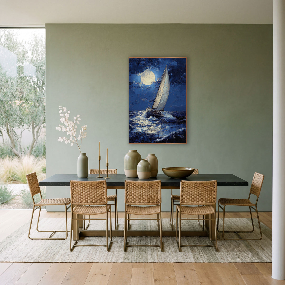 Heeling Yacht Stormy Moody wall art in a bright coastal-style room – sailboat with white sails crossing dark navy