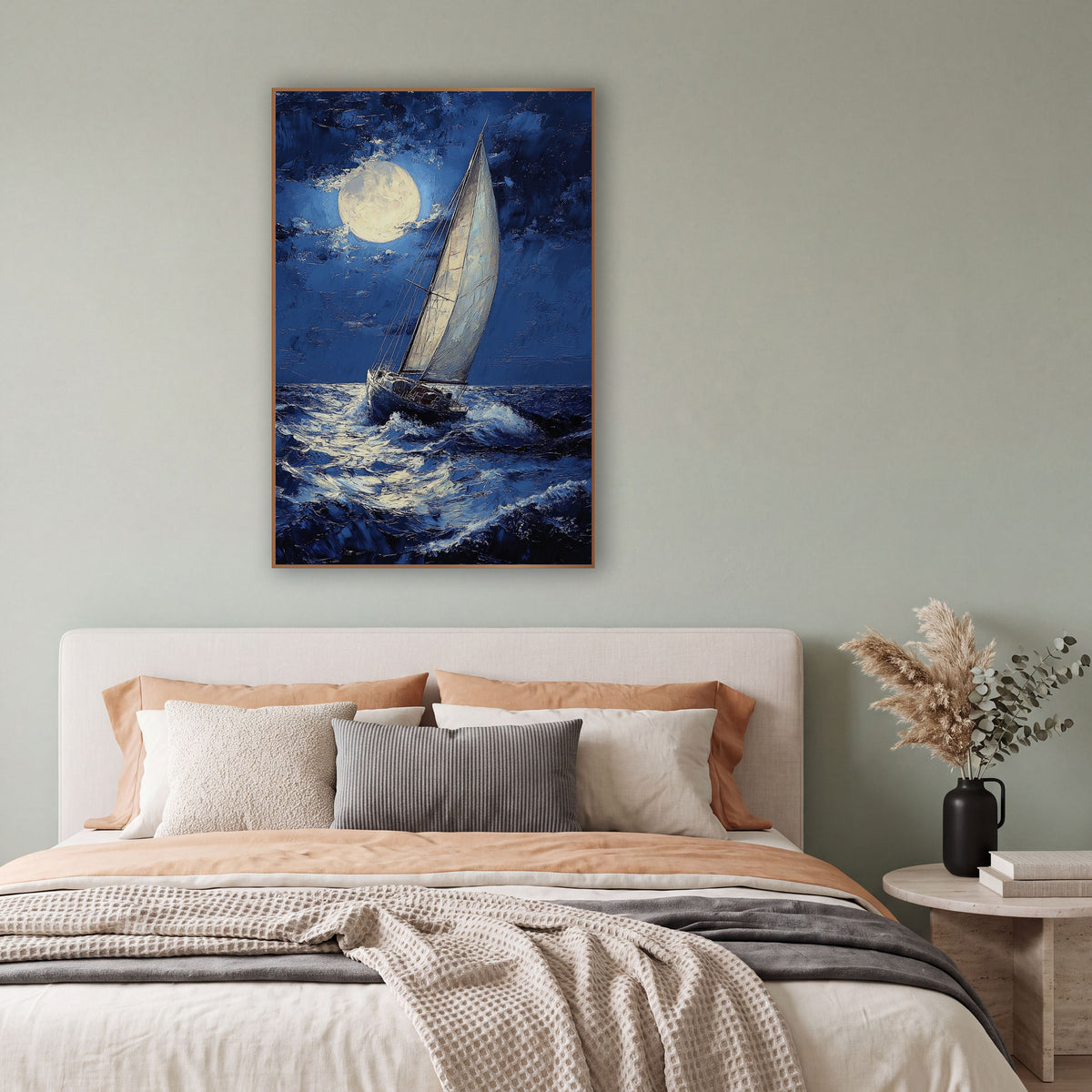 Heeling Yacht Stormy Moody wall art in a bright coastal-style room – sailboat with white sails crossing dark navy
