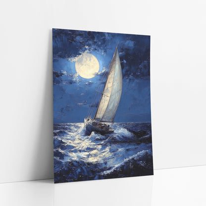 Heeling Yacht Stormy Moody art print leaning against a white wall – sailboat with white sails crossing dark navy waves
