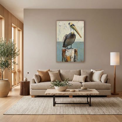Standing Pelican Blue Horizon Coastal wall art in a bright coastal-style room – brown pelican with long pale bill