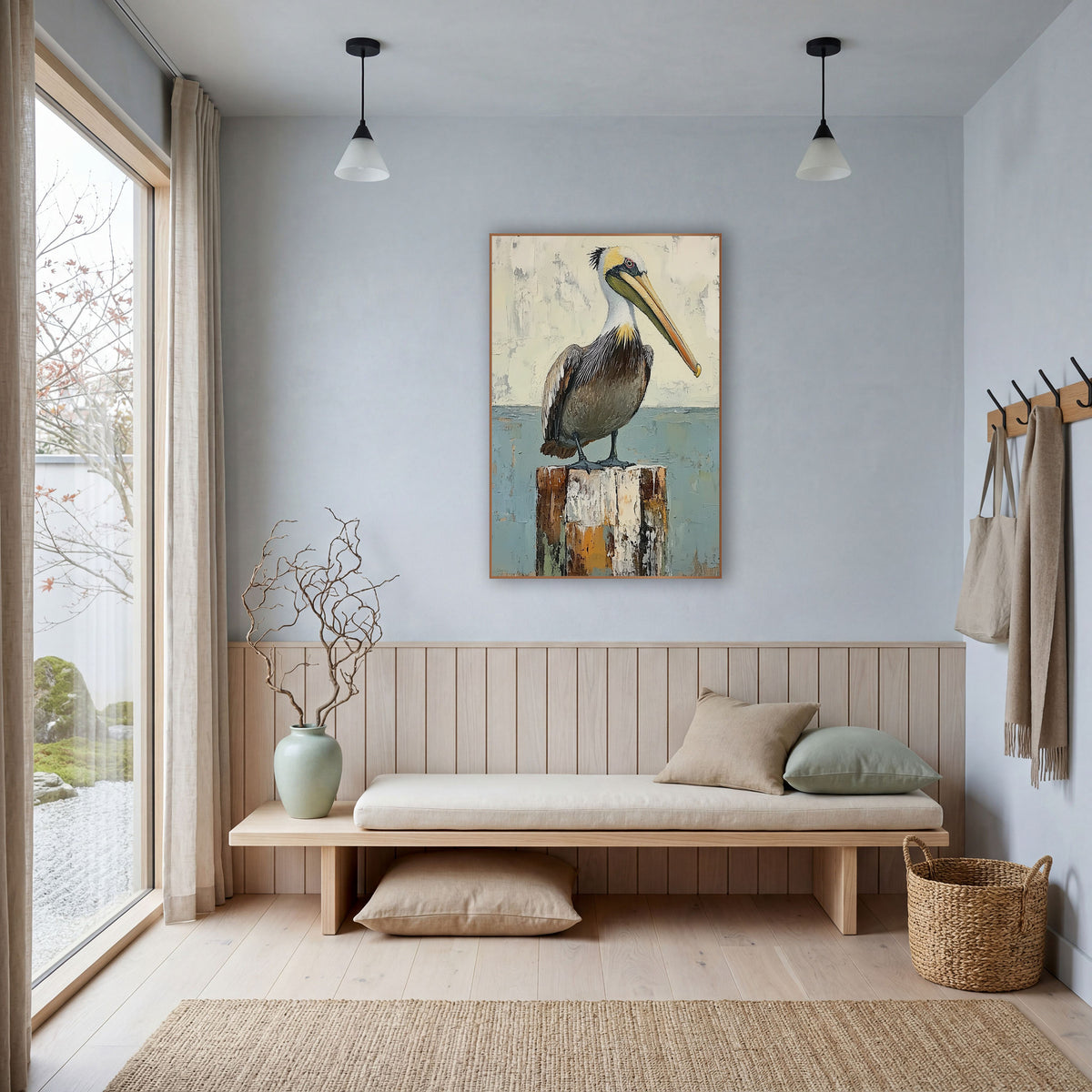Standing Pelican Blue Horizon Coastal wall art in a bright coastal-style room – brown pelican with long pale bill