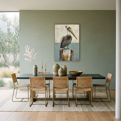 Standing Pelican Blue Horizon Coastal wall art in a bright coastal-style room – brown pelican with long pale bill