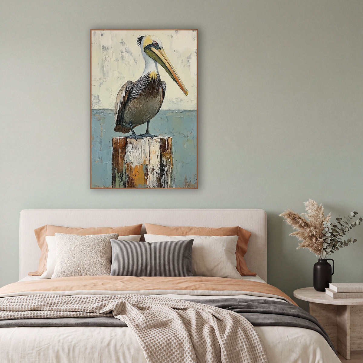 Standing Pelican Blue Horizon Coastal wall art in a bright coastal-style room – brown pelican with long pale bill