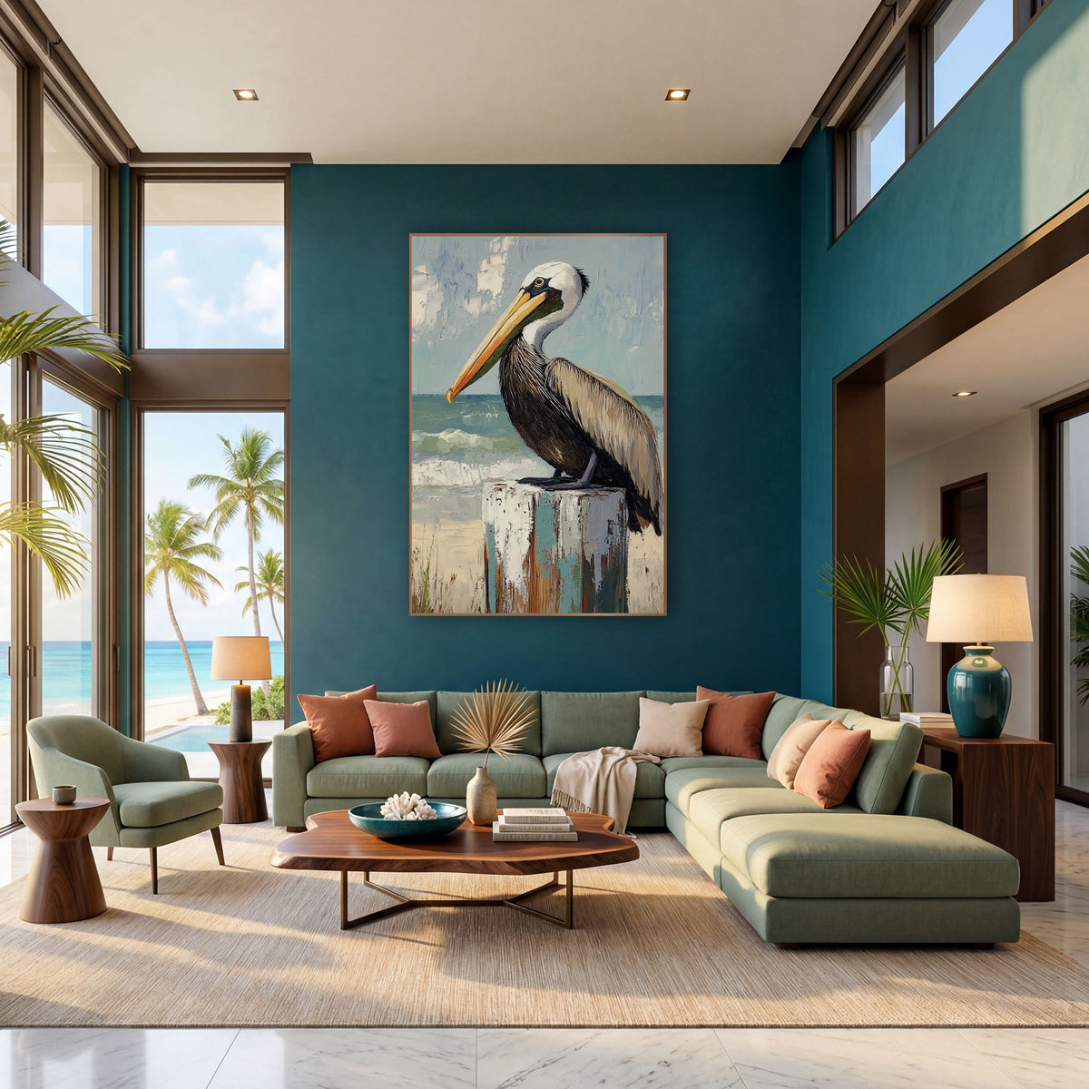 Pelican Overlooking Surf Beach Coastal wall art in a bright coastal-style room – brown pelican with orange bill