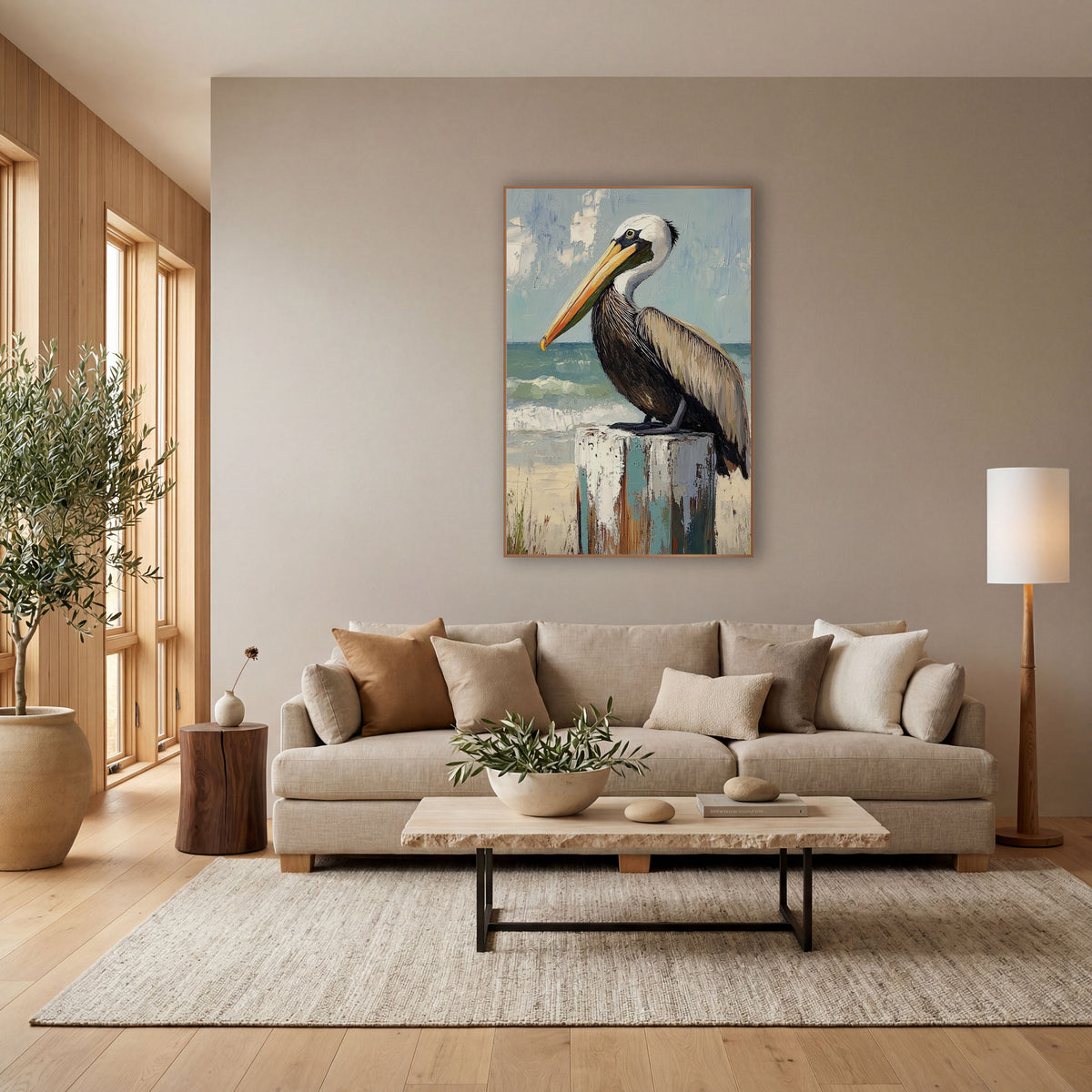 Pelican Overlooking Surf Beach Coastal wall art in a bright coastal-style room – brown pelican with orange bill