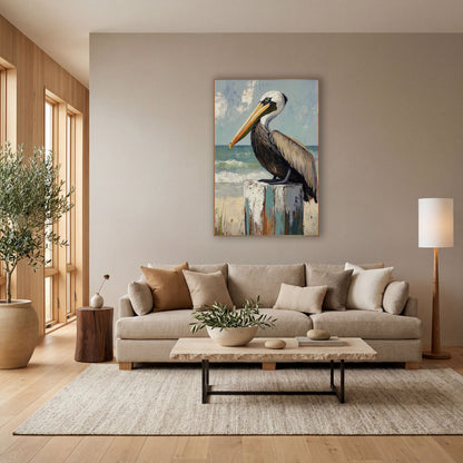 Pelican Overlooking Surf Beach Coastal wall art in a bright coastal-style room – brown pelican with orange bill