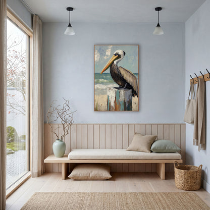 Pelican Overlooking Surf Beach Coastal wall art in a bright coastal-style room – brown pelican with orange bill