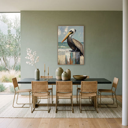 Pelican Overlooking Surf Beach Coastal wall art in a bright coastal-style room – brown pelican with orange bill