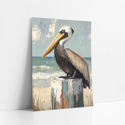 Pelican Overlooking Surf Beach Coastal art print leaning against a white wall – brown pelican with orange bill perched