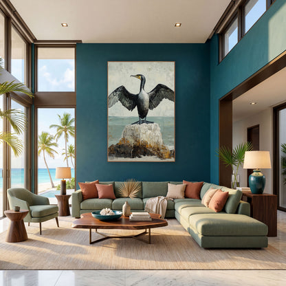 Cormorant Spread Wings Coastal Bird wall art in a bright coastal-style room – black cormorant with spread wings