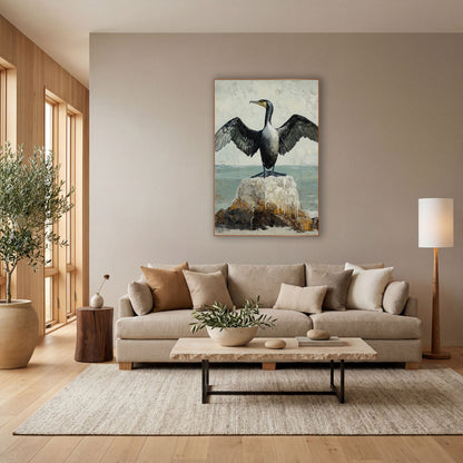 Cormorant Spread Wings Coastal Bird wall art in a bright coastal-style room – black cormorant with spread wings