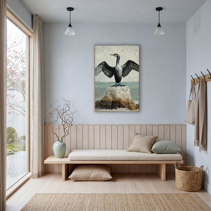 Cormorant Spread Wings Coastal Bird wall art in a bright coastal-style room – black cormorant with spread wings