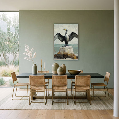 Cormorant Spread Wings Coastal Bird wall art in a bright coastal-style room – black cormorant with spread wings