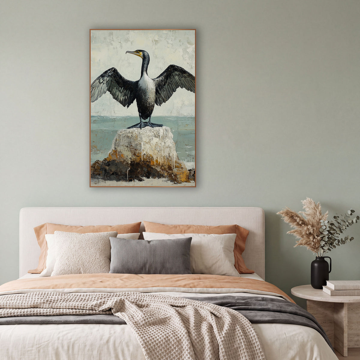 Cormorant Spread Wings Coastal Bird wall art in a bright coastal-style room – black cormorant with spread wings