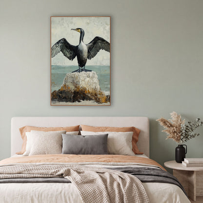 Cormorant Spread Wings Coastal Bird wall art in a bright coastal-style room – black cormorant with spread wings
