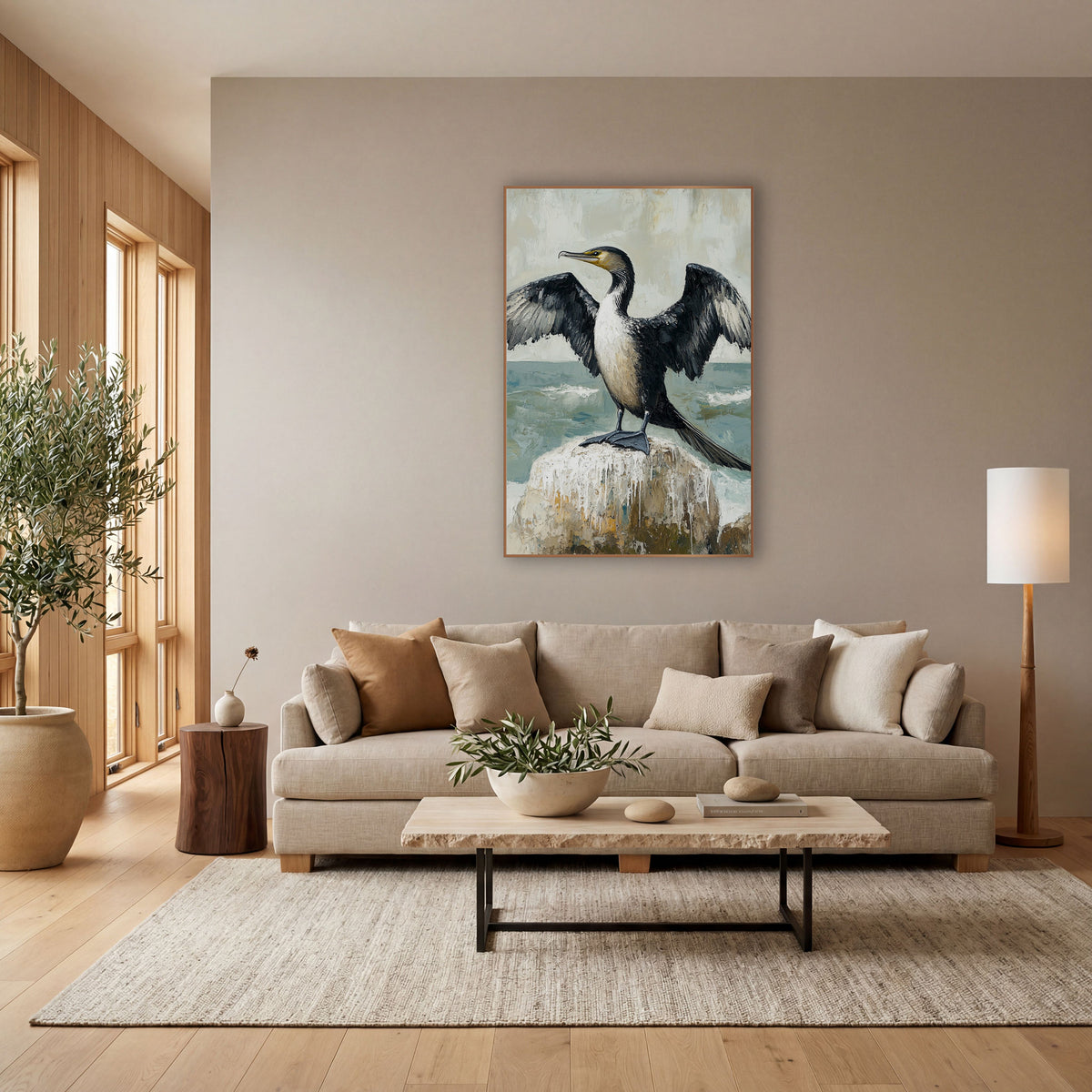 Spread Wing Cormorant Coastal Seabird wall art in a bright coastal-style room – black cormorant with open wings