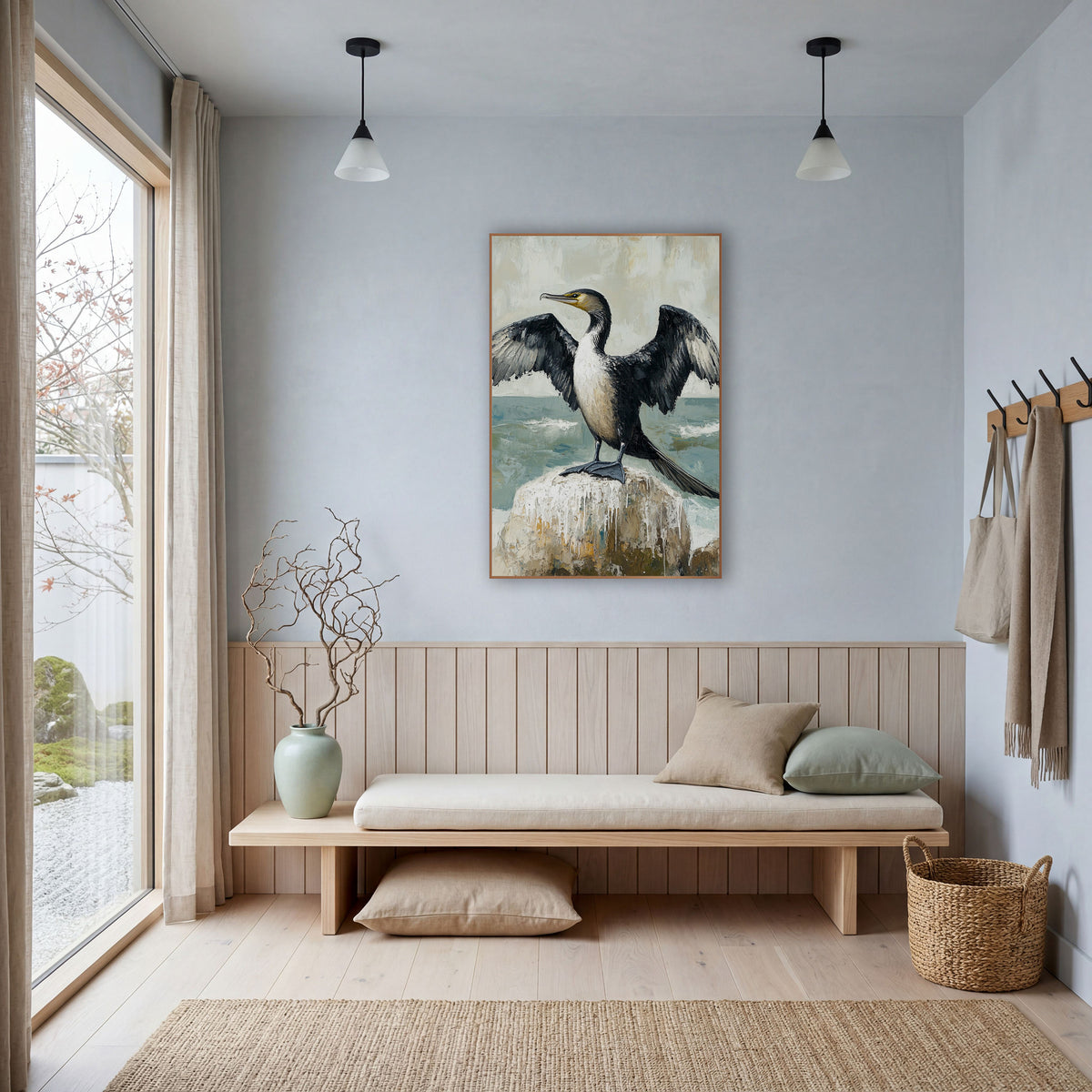 Spread Wing Cormorant Coastal Seabird wall art in a bright coastal-style room – black cormorant with open wings