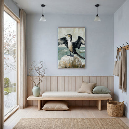 Spread Wing Cormorant Coastal Seabird wall art in a bright coastal-style room – black cormorant with open wings