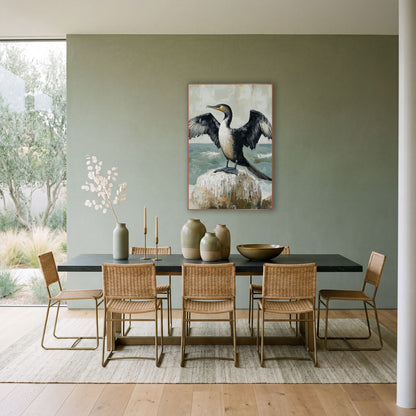 Spread Wing Cormorant Coastal Seabird wall art in a bright coastal-style room – black cormorant with open wings