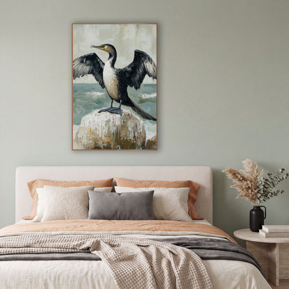 Spread Wing Cormorant Coastal Seabird wall art in a bright coastal-style room – black cormorant with open wings