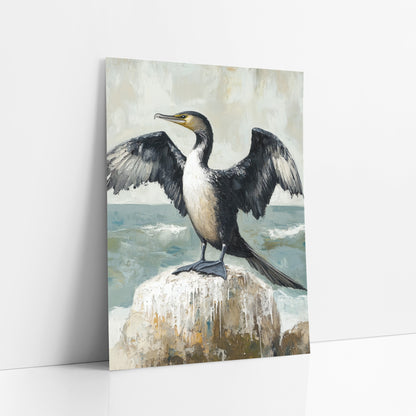 Spread Wing Cormorant Coastal Seabird art print leaning against a white wall – black cormorant with open wings on a pale rock
