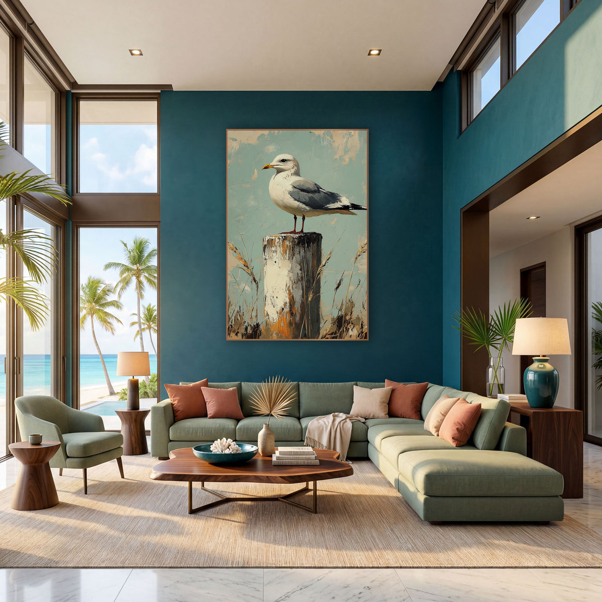 Left Facing Gull Teal Rustic wall art in a bright coastal-style room – seagull with yellow beak perched on a chipped