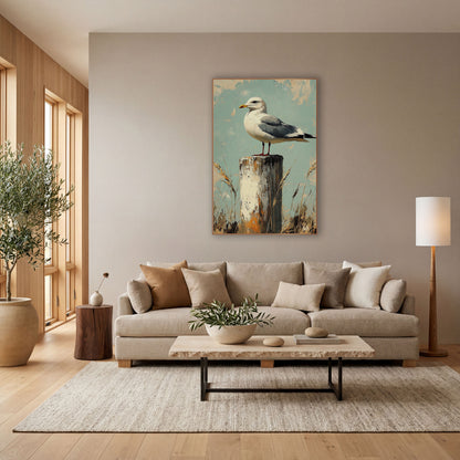 Left Facing Gull Teal Rustic wall art in a bright coastal-style room – seagull with yellow beak perched on a chipped