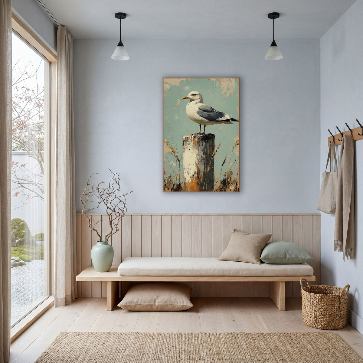 Left Facing Gull Teal Rustic wall art in a bright coastal-style room – seagull with yellow beak perched on a chipped
