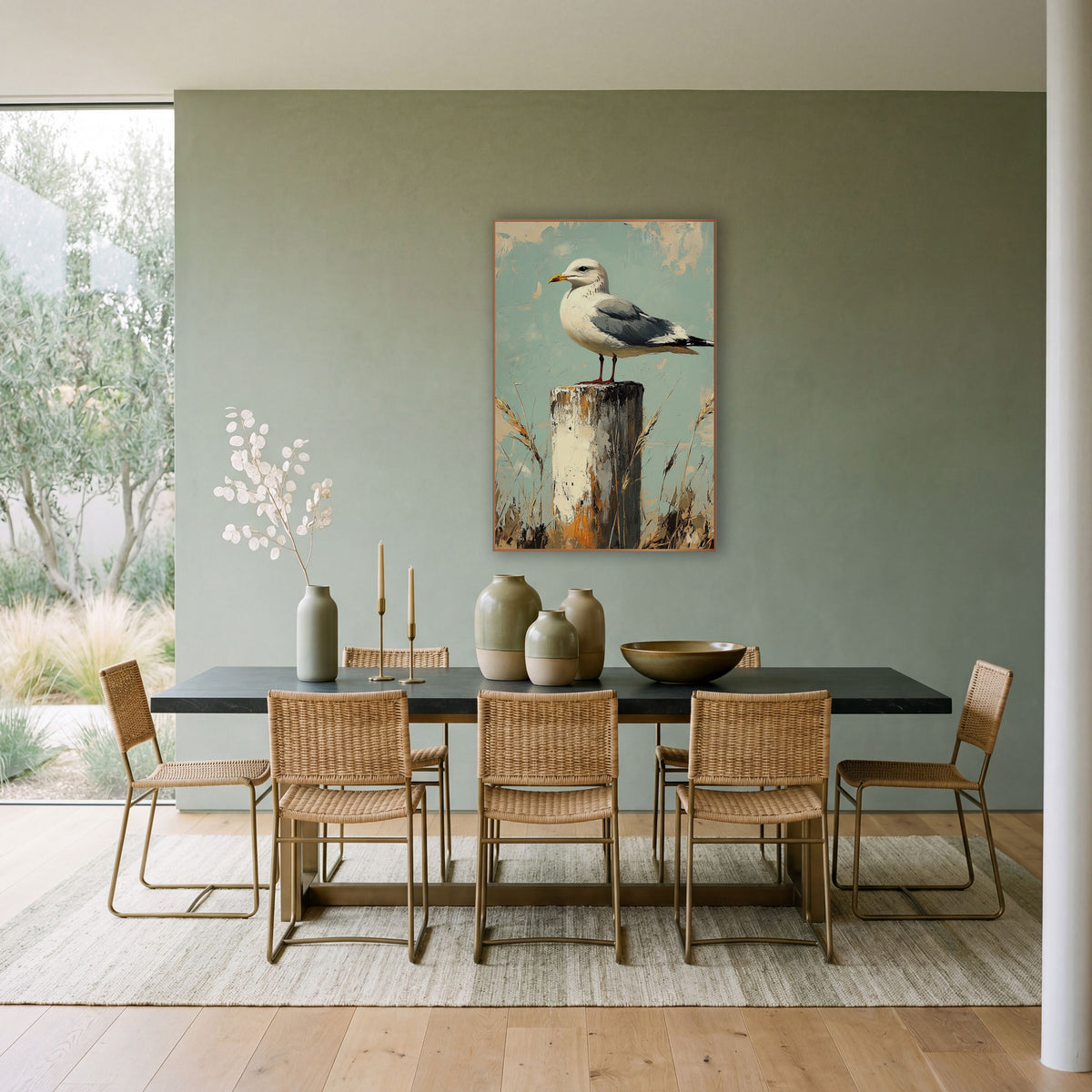 Left Facing Gull Teal Rustic wall art in a bright coastal-style room – seagull with yellow beak perched on a chipped