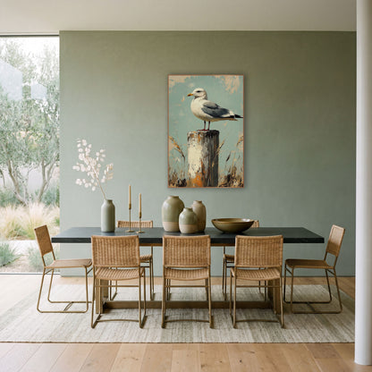 Left Facing Gull Teal Rustic wall art in a bright coastal-style room – seagull with yellow beak perched on a chipped