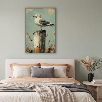 Left Facing Gull Teal Rustic wall art in a bright coastal-style room – seagull with yellow beak perched on a chipped