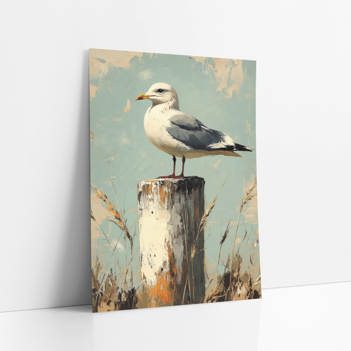 Left Facing Gull Teal Rustic art print leaning against a white wall – seagull with yellow beak perched on a chipped wooden