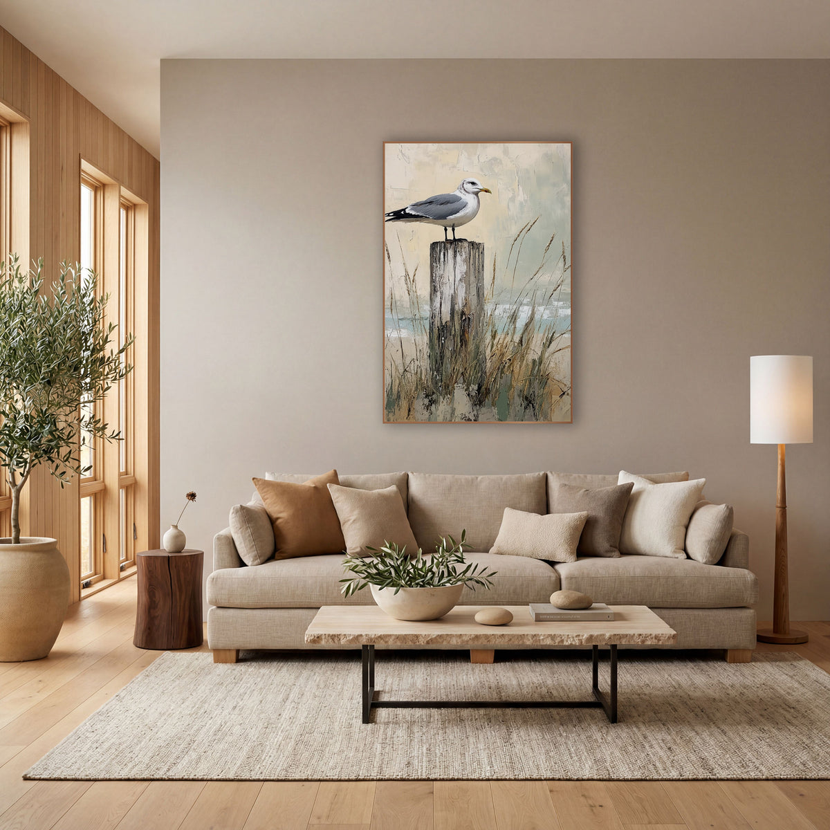 Gull Dune Shoreline Coastal wall art in a bright coastal-style room – seagull perched on a weathered wooden post among