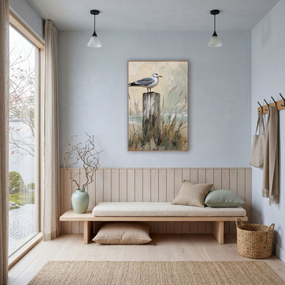 Gull Dune Shoreline Coastal wall art in a bright coastal-style room – seagull perched on a weathered wooden post among